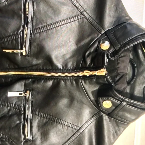Women’s guess faux leather black moto style jacket with gold accents - Picture 3 of 5